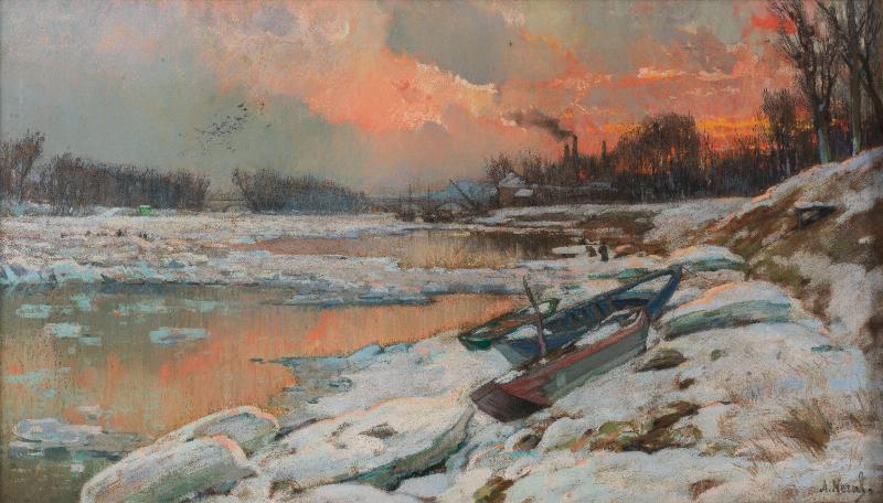 Modèle de tableau peinture de paysage hivernal français avec lumière douce et composition équilibrée